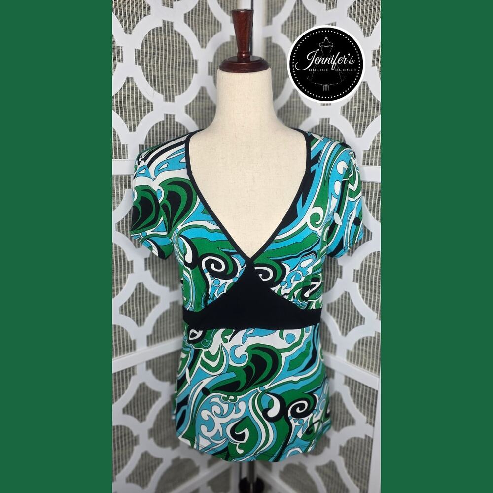 Susan Lawrence Multicolored Swirl Print V Neck Empire Waist Top Size PL